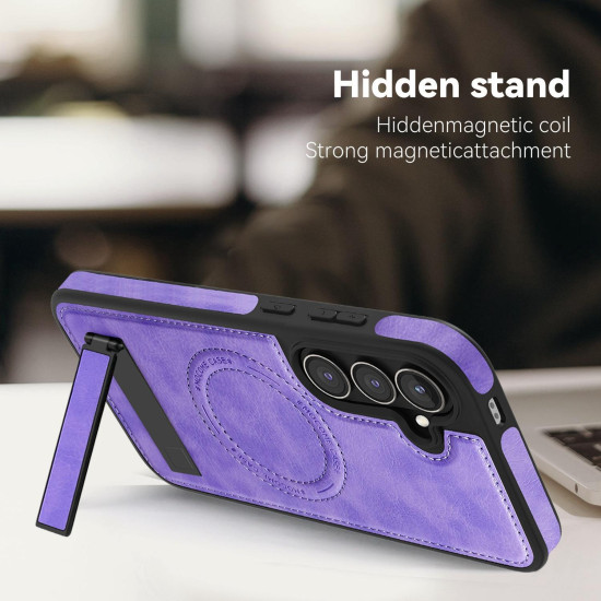 For Samsung Galaxy S24+ 5G Multi-function Holder MagSafe PU Phone Case(Light Purple)
