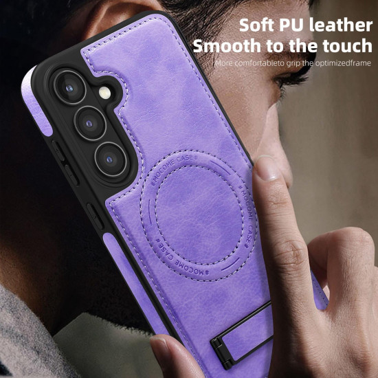 For Samsung Galaxy S24+ 5G Multi-function Holder MagSafe PU Phone Case(Light Purple)