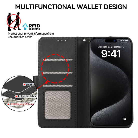 For Samsung Galaxy S23 5G ABEEL Delicate Texture Splicing RFID Leather Phone Case(Black)