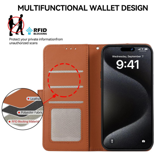 For Samsung Galaxy S23 5G ABEEL Delicate Texture Splicing RFID Leather Phone Case(Brown)