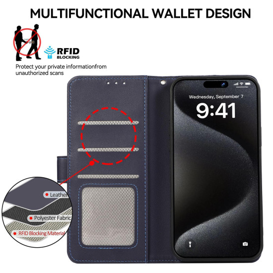 For Samsung Galaxy S24+ 5G ABEEL Delicate Texture Splicing RFID Leather Phone Case(Blue)