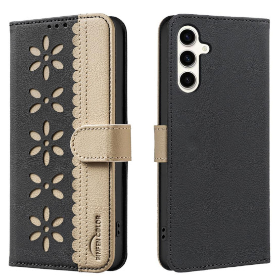 For Samsung Galaxy S23+ 5G Splicing Color Hollow Flower Pattern RFID Leather Phone Case(Black)