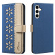 For Samsung Galaxy S23+ 5G Splicing Color Hollow Flower Pattern RFID Leather Phone Case(Dark Blue)