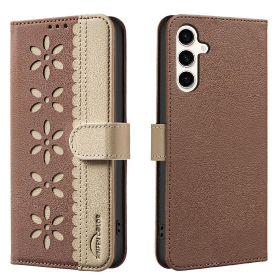 For Samsung Galaxy S23+ 5G Splicing Color Hollow Flower Pattern RFID Leather Phone Case(Brown)
