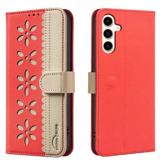 For Samsung Galaxy S23+ 5G Splicing Color Hollow Flower Pattern RFID Leather Phone Case(Red)