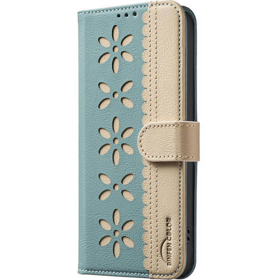 For Samsung Galaxy S23+ 5G Splicing Color Hollow Flower Pattern RFID Leather Phone Case(Green)