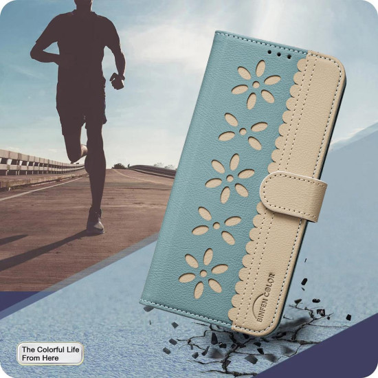 For Samsung Galaxy S23+ 5G Splicing Color Hollow Flower Pattern RFID Leather Phone Case(Green)