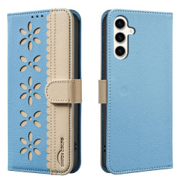 For Samsung Galaxy S23+ 5G Splicing Color Hollow Flower Pattern RFID Leather Phone Case(Baby Blue)
