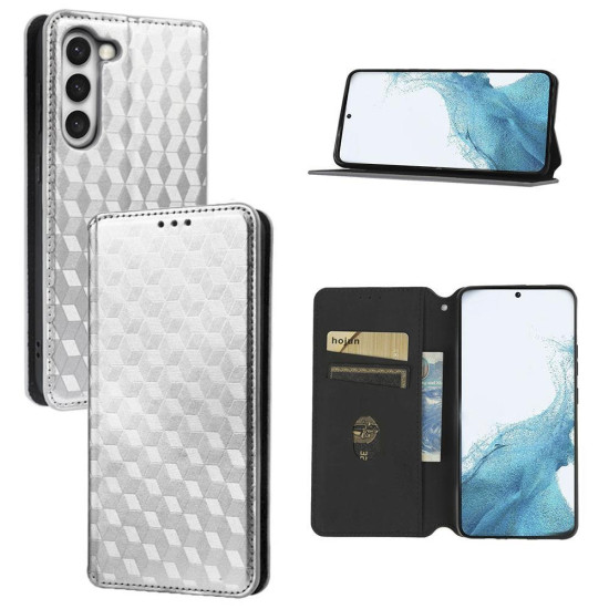 For Samsung Galaxy S23 5G Cubic Grid Texture Flip Leather Phone Case(Silver)
