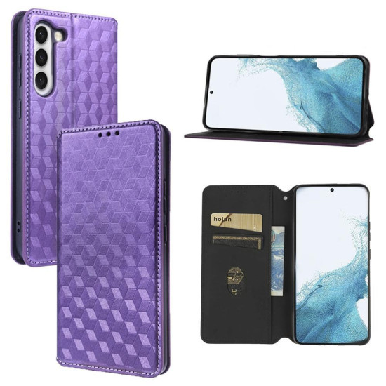 For Samsung Galaxy S23 5G Cubic Grid Texture Flip Leather Phone Case(Purple)