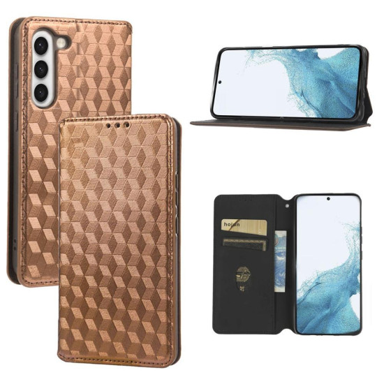For Samsung Galaxy S23 5G Cubic Grid Texture Flip Leather Phone Case(Brown)