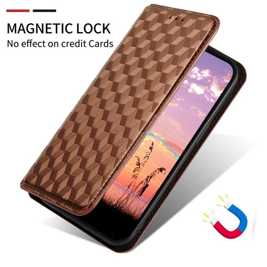 For Samsung Galaxy S23 5G Cubic Grid Texture Flip Leather Phone Case(Brown)