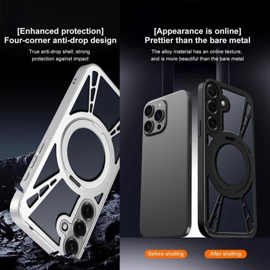 For Samsung Galaxy S24+ 5G Cooling Hollow Metal Holder MagSafe Phone Case(Black)