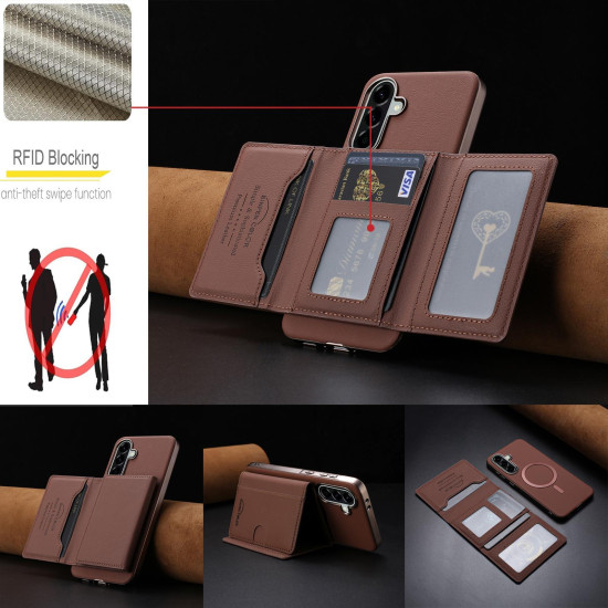 For Samsung Galaxy S24+ 5G Solid Color Horizontal Magnetic Card Bag RFID MagSafe Phone Case(Brown)