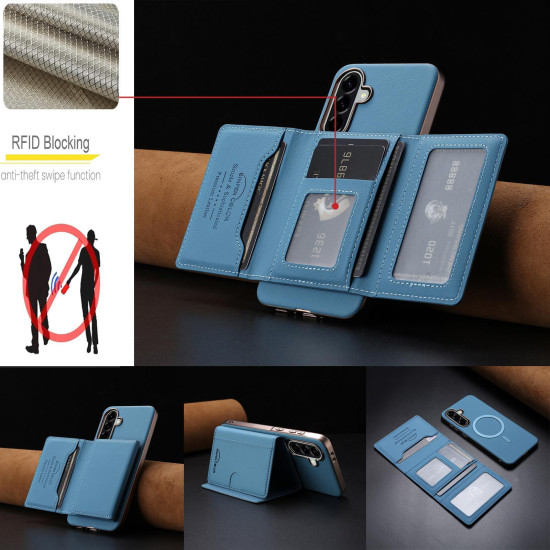 For Samsung Galaxy S24+ 5G Solid Color Horizontal Magnetic Card Bag RFID MagSafe Phone Case(Baby Blue)