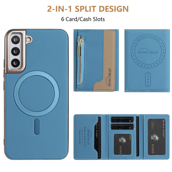 For Samsung Galaxy S23+ 5G Zipper Horizontal Magnetic Card Bag RFID MagSafe Phone Case(Baby Blue)