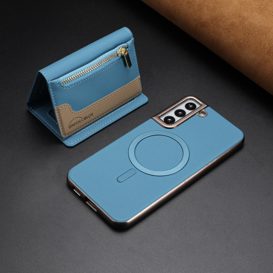 For Samsung Galaxy S23+ 5G Zipper Horizontal Magnetic Card Bag RFID MagSafe Phone Case(Baby Blue)
