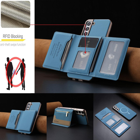 For Samsung Galaxy S23+ 5G Zipper Horizontal Magnetic Card Bag RFID MagSafe Phone Case(Baby Blue)