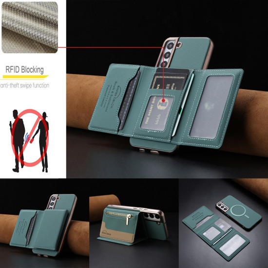 For Samsung Galaxy S23+ 5G Zipper Horizontal Magnetic Card Bag RFID MagSafe Phone Case(Green)