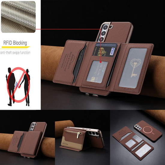 For Samsung Galaxy S23+ 5G Zipper Horizontal Magnetic Card Bag RFID MagSafe Phone Case(Brown)