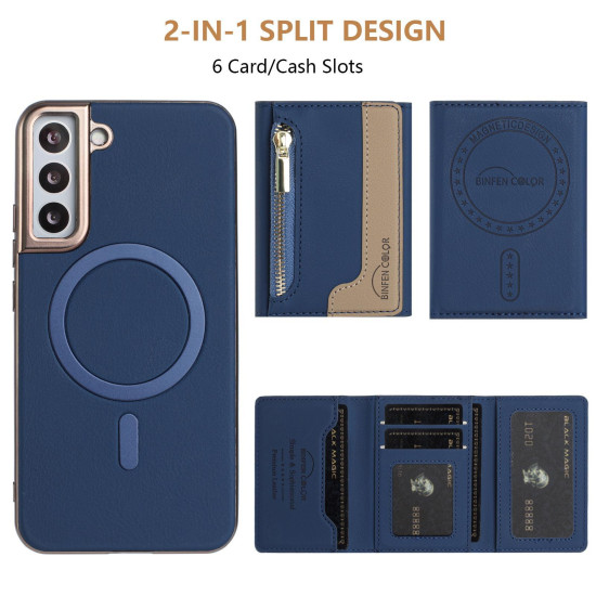 For Samsung Galaxy S23+ 5G Zipper Horizontal Magnetic Card Bag RFID MagSafe Phone Case(Dark Blue)