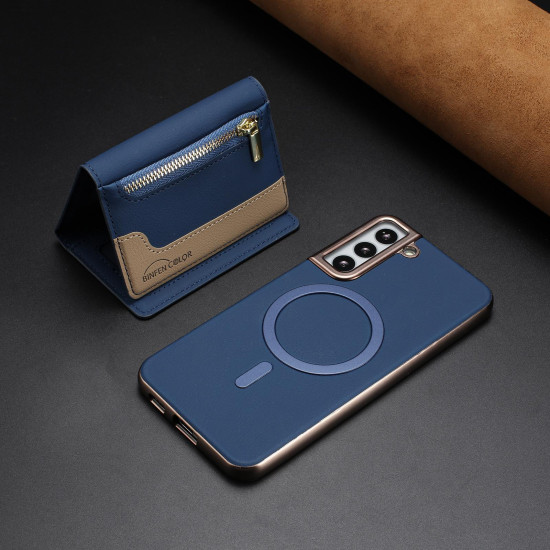 For Samsung Galaxy S23+ 5G Zipper Horizontal Magnetic Card Bag RFID MagSafe Phone Case(Dark Blue)