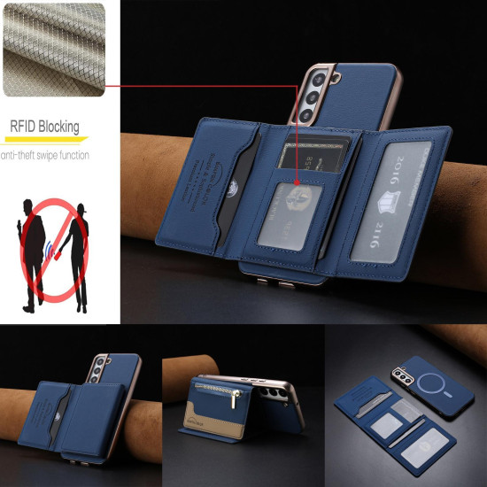 For Samsung Galaxy S23+ 5G Zipper Horizontal Magnetic Card Bag RFID MagSafe Phone Case(Dark Blue)