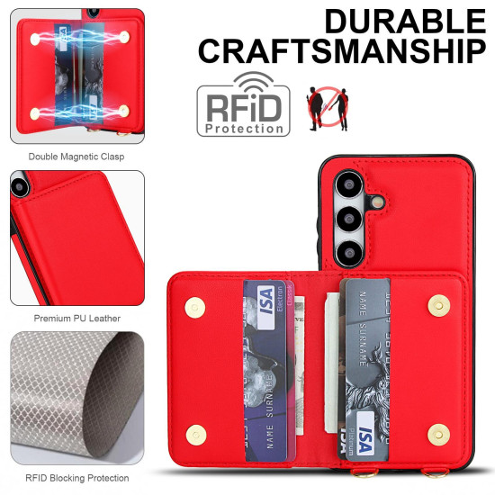 For Samsung Galaxy S24+ 5G Crossbody Dual-buckle Wallet RFID Back Leather Phone Case(Red)