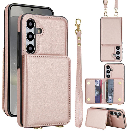 For Samsung Galaxy S24+ 5G Crossbody Dual-buckle Wallet RFID Back Leather Phone Case(Rose Gold)