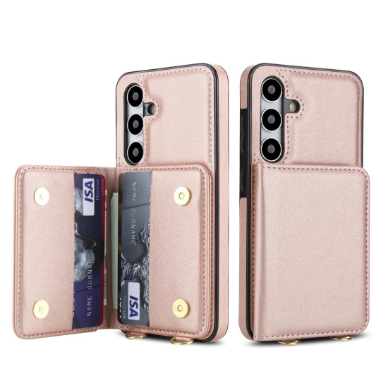 For Samsung Galaxy S24+ 5G Crossbody Dual-buckle Wallet RFID Back Leather Phone Case(Rose Gold)