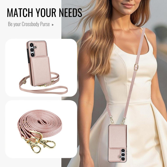 For Samsung Galaxy S24+ 5G Crossbody Dual-buckle Wallet RFID Back Leather Phone Case(Rose Gold)