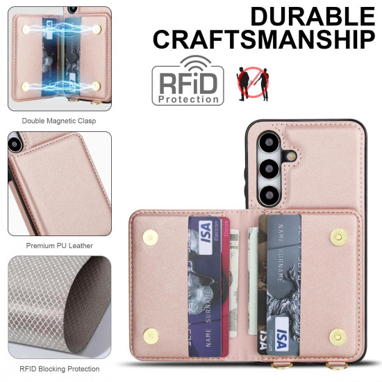 For Samsung Galaxy S24+ 5G Crossbody Dual-buckle Wallet RFID Back Leather Phone Case(Rose Gold)