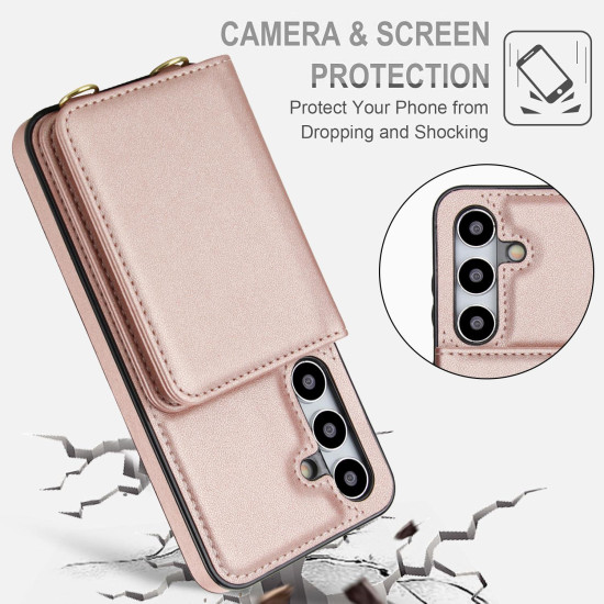 For Samsung Galaxy S24+ 5G Crossbody Dual-buckle Wallet RFID Back Leather Phone Case(Rose Gold)