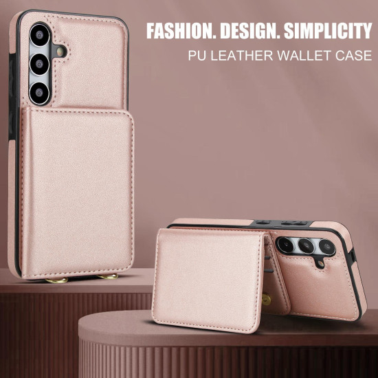 For Samsung Galaxy S24+ 5G Crossbody Dual-buckle Wallet RFID Back Leather Phone Case(Rose Gold)