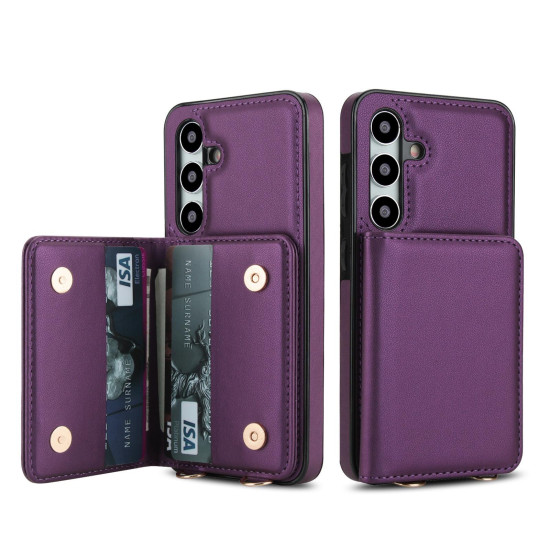 For Samsung Galaxy S24+ 5G Crossbody Dual-buckle Wallet RFID Back Leather Phone Case(Dark Purple)