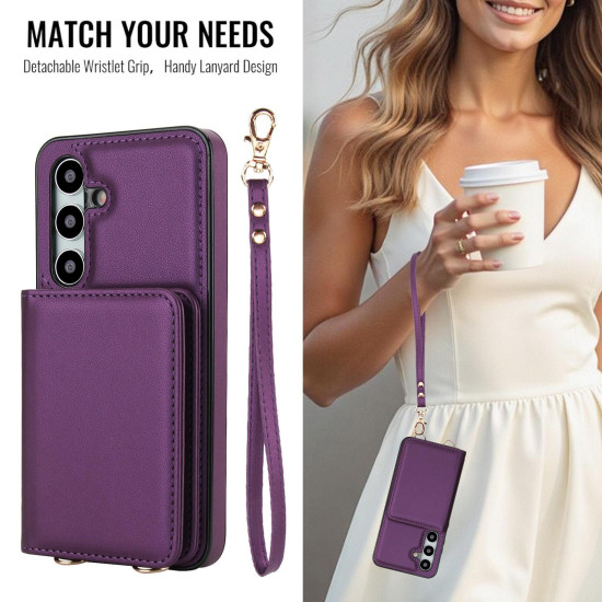 For Samsung Galaxy S24+ 5G Crossbody Dual-buckle Wallet RFID Back Leather Phone Case(Dark Purple)