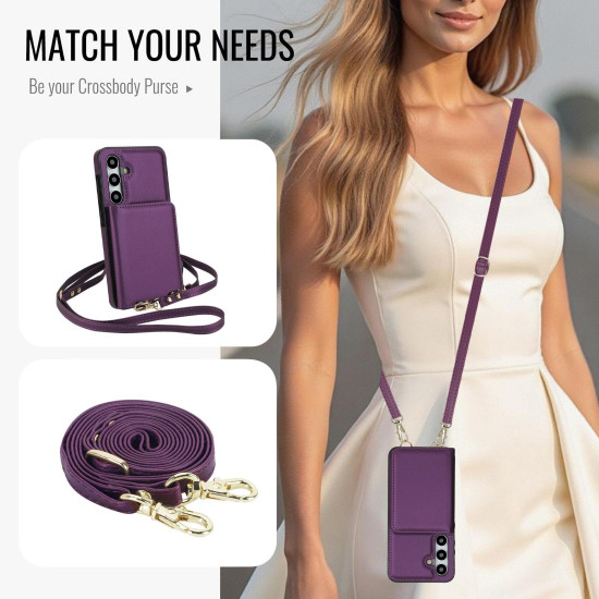 For Samsung Galaxy S24+ 5G Crossbody Dual-buckle Wallet RFID Back Leather Phone Case(Dark Purple)