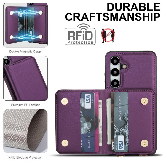 For Samsung Galaxy S24+ 5G Crossbody Dual-buckle Wallet RFID Back Leather Phone Case(Dark Purple)