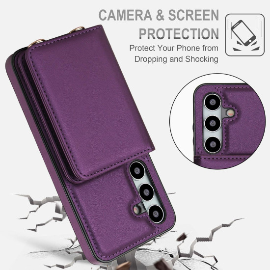 For Samsung Galaxy S24+ 5G Crossbody Dual-buckle Wallet RFID Back Leather Phone Case(Dark Purple)