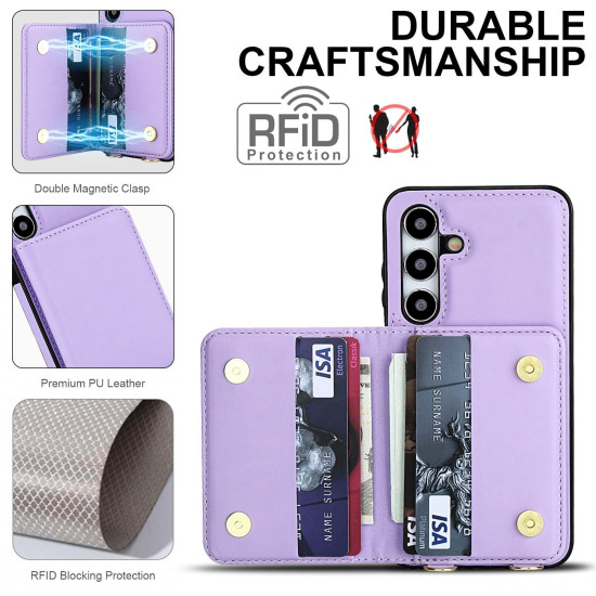For Samsung Galaxy S24+ 5G Crossbody Dual-buckle Wallet RFID Back Leather Phone Case(Light Purple)