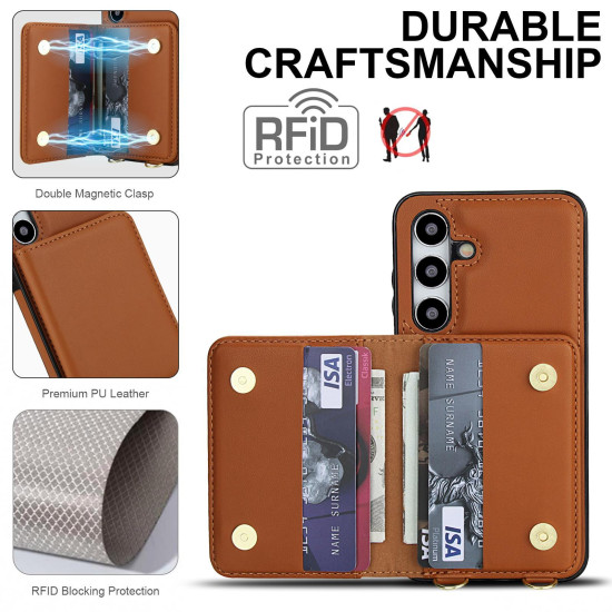 For Samsung Galaxy S24+ 5G Crossbody Dual-buckle Wallet RFID Back Leather Phone Case(Brown)