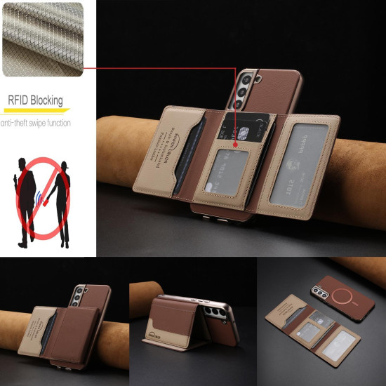 For Samsung Galaxy S24+ 5G Colour Matching Horizontal Magnetic Card Bag RFID MagSafe Phone Case(Brown)