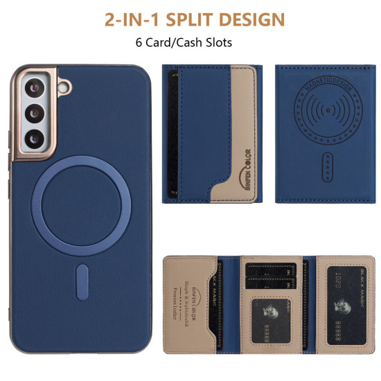 For Samsung Galaxy S24+ 5G Colour Matching Horizontal Magnetic Card Bag RFID MagSafe Phone Case(Dark Blue)