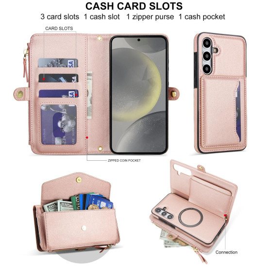 For Samsung Galaxy S24+ 5G Multifunctional Wallet Detachable Leather Phone Case with Lanyard(Rose Gold)