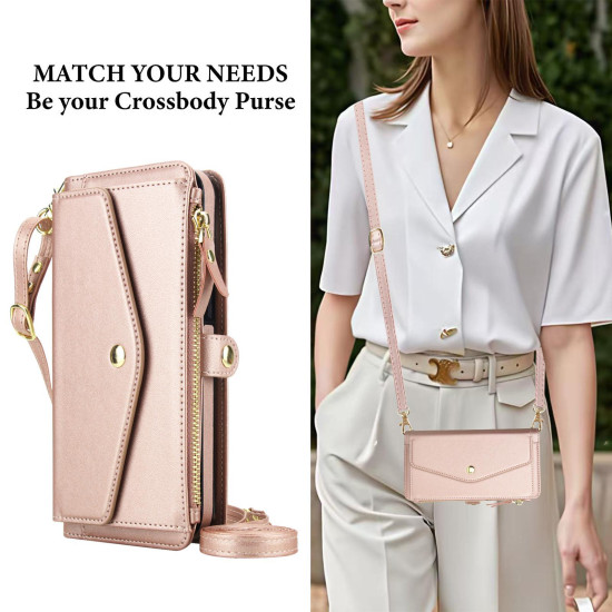 For Samsung Galaxy S24+ 5G Multifunctional Wallet Detachable Leather Phone Case with Lanyard(Rose Gold)