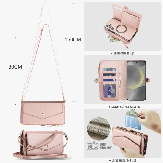 For Samsung Galaxy S24+ 5G Multifunctional Wallet Detachable Leather Phone Case with Lanyard(Rose Gold)
