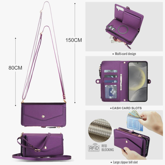 For Samsung Galaxy S24+ 5G Multifunctional Wallet Detachable Leather Phone Case with Lanyard(Dark Purple)