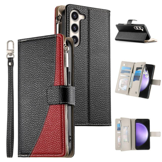 For Samsung Galaxy S23+ 5G Stitching Multi-card Zipper Wallet Leather Phone Case with Short Strap(Black)