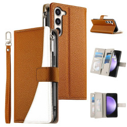 For Samsung Galaxy S23+ 5G Stitching Multi-card Zipper Wallet Leather Phone Case with Short Strap(Brown)