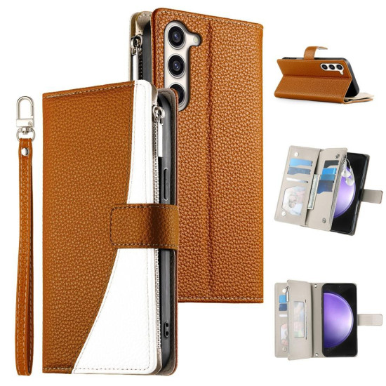 For Samsung Galaxy S23+ 5G Stitching Multi-card Zipper Wallet Leather Phone Case with Short Strap(Brown)